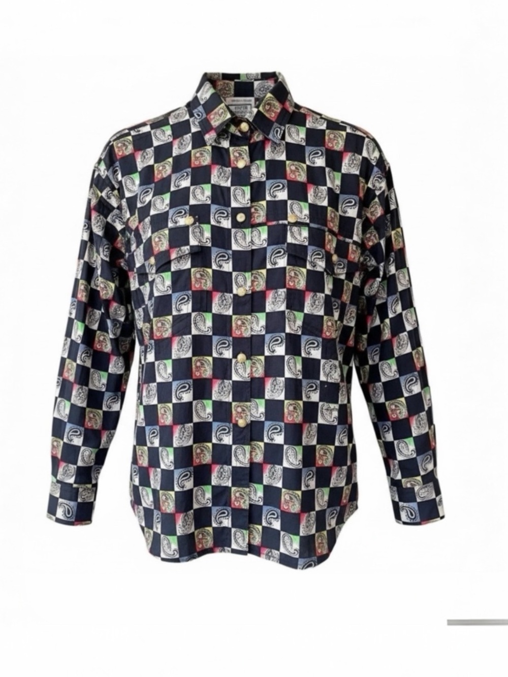 VERSACE Vintage Paisley Checkered Silk Blouse with Medusa gold buttons